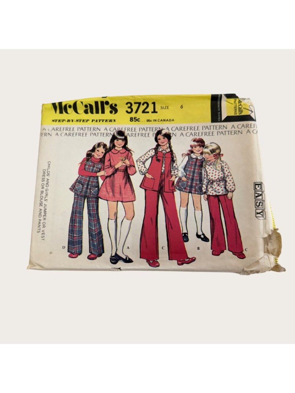 Vintage 1970s McCalls Sewing Pattern 3721 Girls Jumper Dress Blouse Pants Size 6
